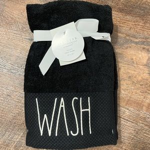 RAE DUNN Wash & Dry Hand Towel Set Black White Embroidered NEW NWT